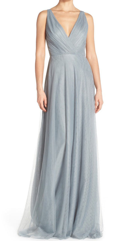 MACLoth Straps V Neck Tulle Long Bridesmaid Dress Simple Silver Prom Gown