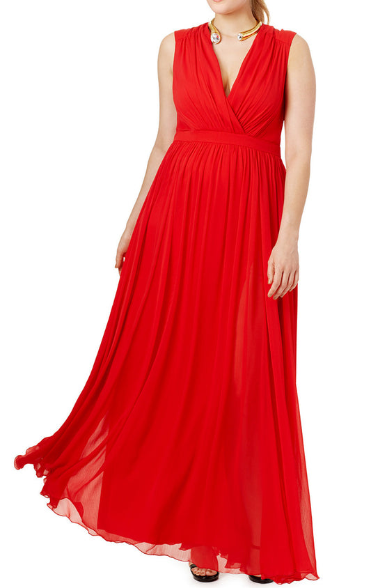 Vestido de fiesta largo de gasa roja con escote en V de MACloth, vestido formal de talla grande