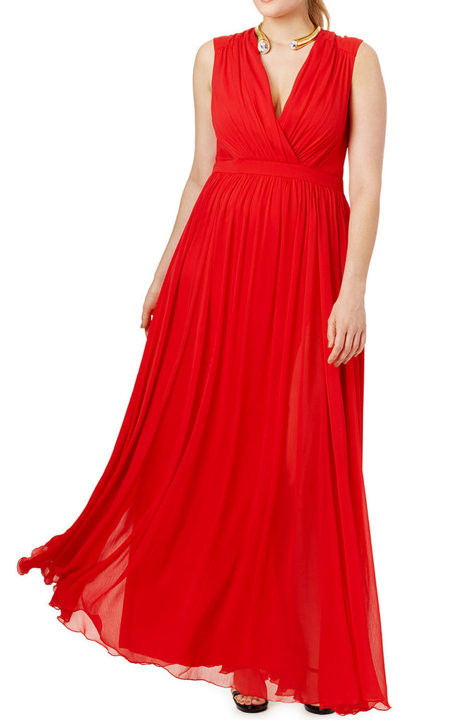 MACloth V Neck Red Chiffon Long Prom Dress Plus Size Formal Gown