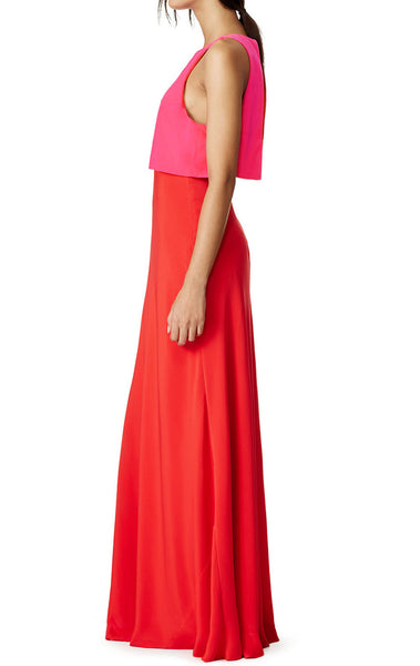 MACloth Two Piece Jersey Long Simple Prom Dress Red Fuchsia Formal Gown