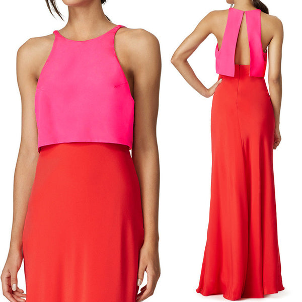 MACloth Two Piece Jersey Long Simple Prom Dress Red Fuchsia Formal Gown