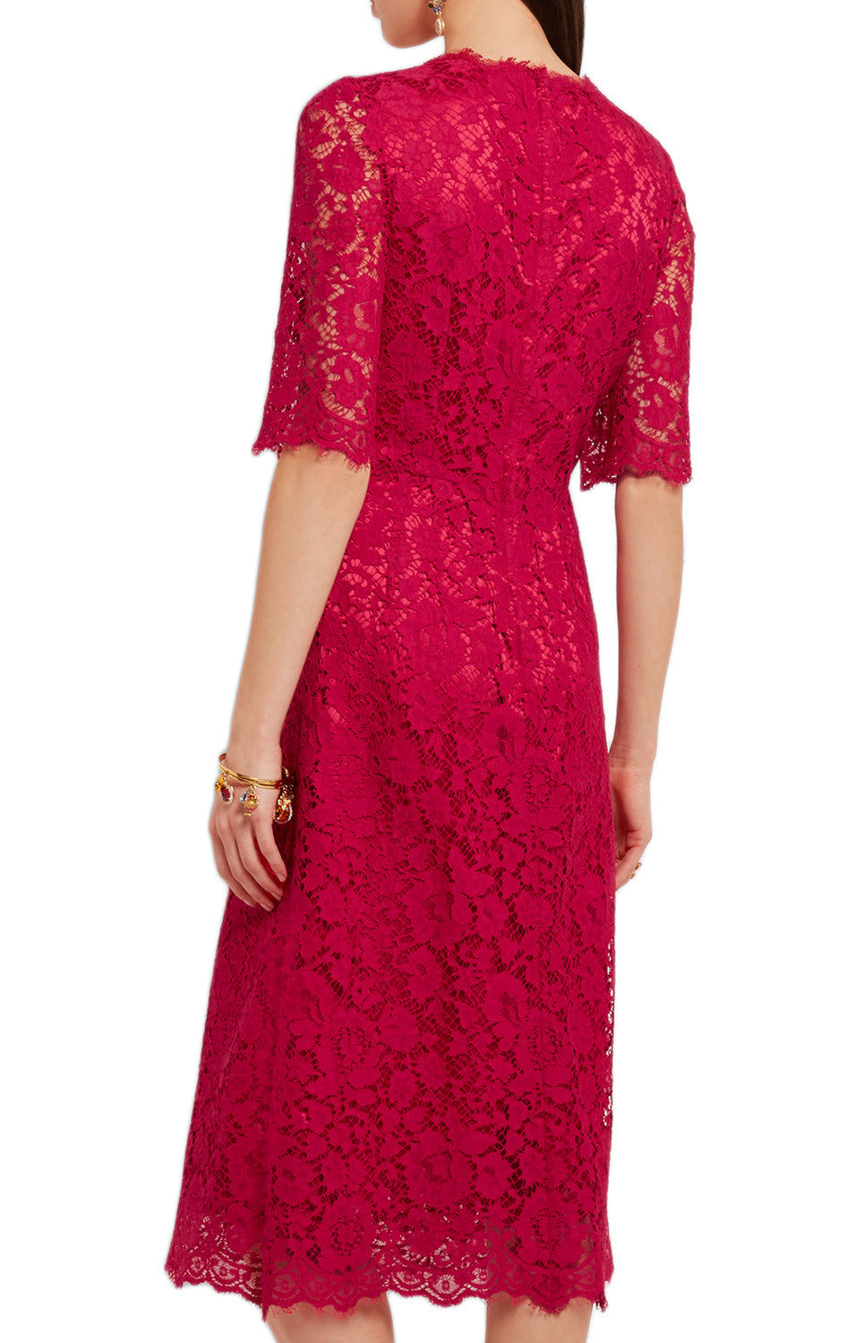 Vestido de cóctel midi de manga corta MACloth con encaje rojo de lujo