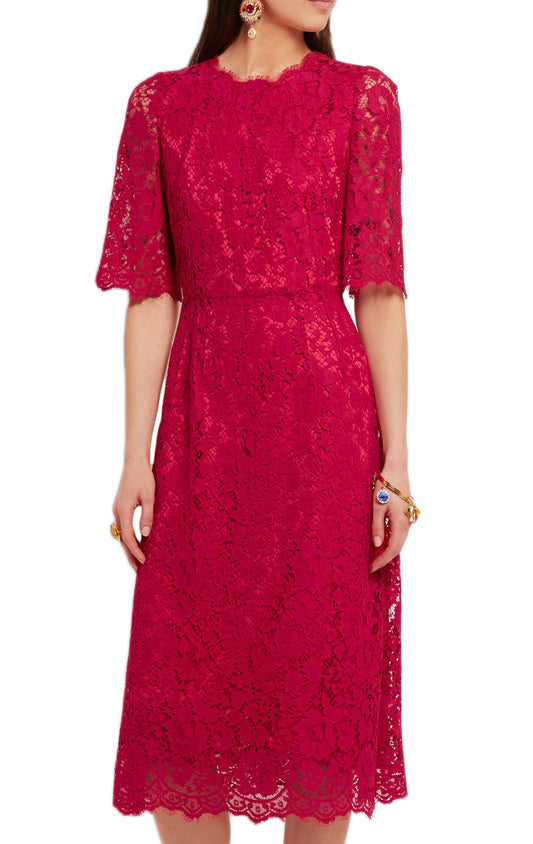 MACloth Half Sleeves Midi Cocktail Dress Luxury Lace Red Dress