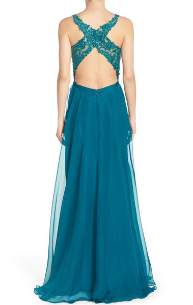 MACloth Straps Lace Long Prom Dress Chiffon Turquoise Formal Evening Gown