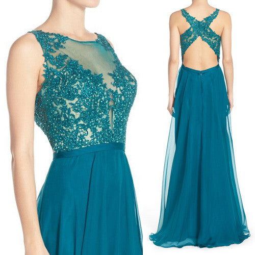 MACloth Straps Lace Long Prom Dress Chiffon Turquoise Formal Evening Gown