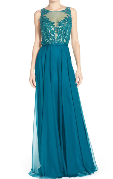 MACloth Straps Lace Long Prom Dress Chiffon Turquoise Formal Evening Gown