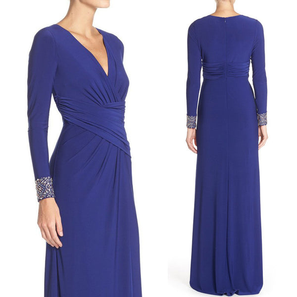 MACloth Long Sleeves Mother of the Brides Dress Royal Blue Jersey Formal Evening Gown