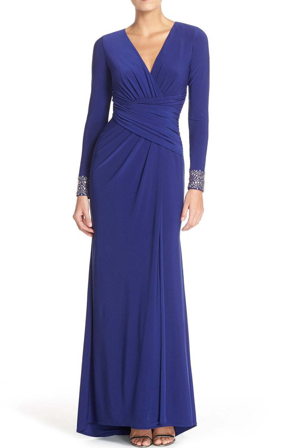 Vestido de noche formal de jersey azul real con mangas largas de MACloth para madre de la novia