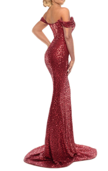 MACloth Mermaid Off the Shoulder Sequin Long Prom Dress with Court Train