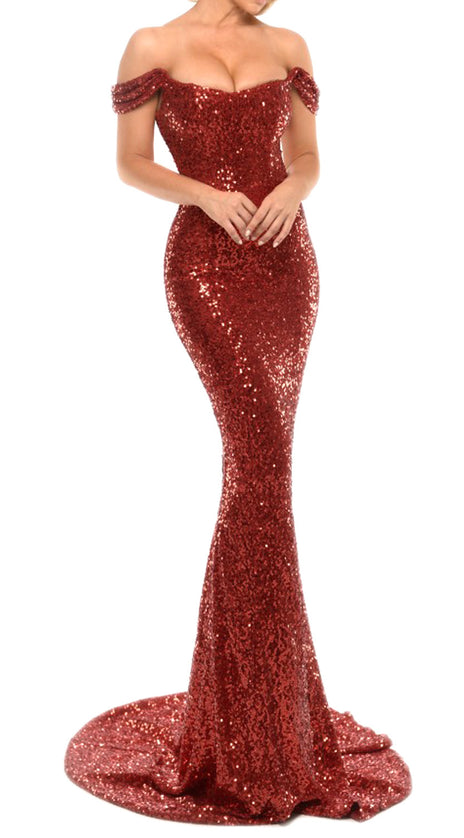 MACloth Mermaid Off the Shoulder Sequin Long Prom Dress with Court Train