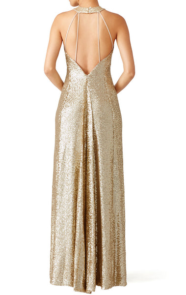 MACloth High Neck Sequin Evening Formal Gown Champagne Bridesmaid Dress