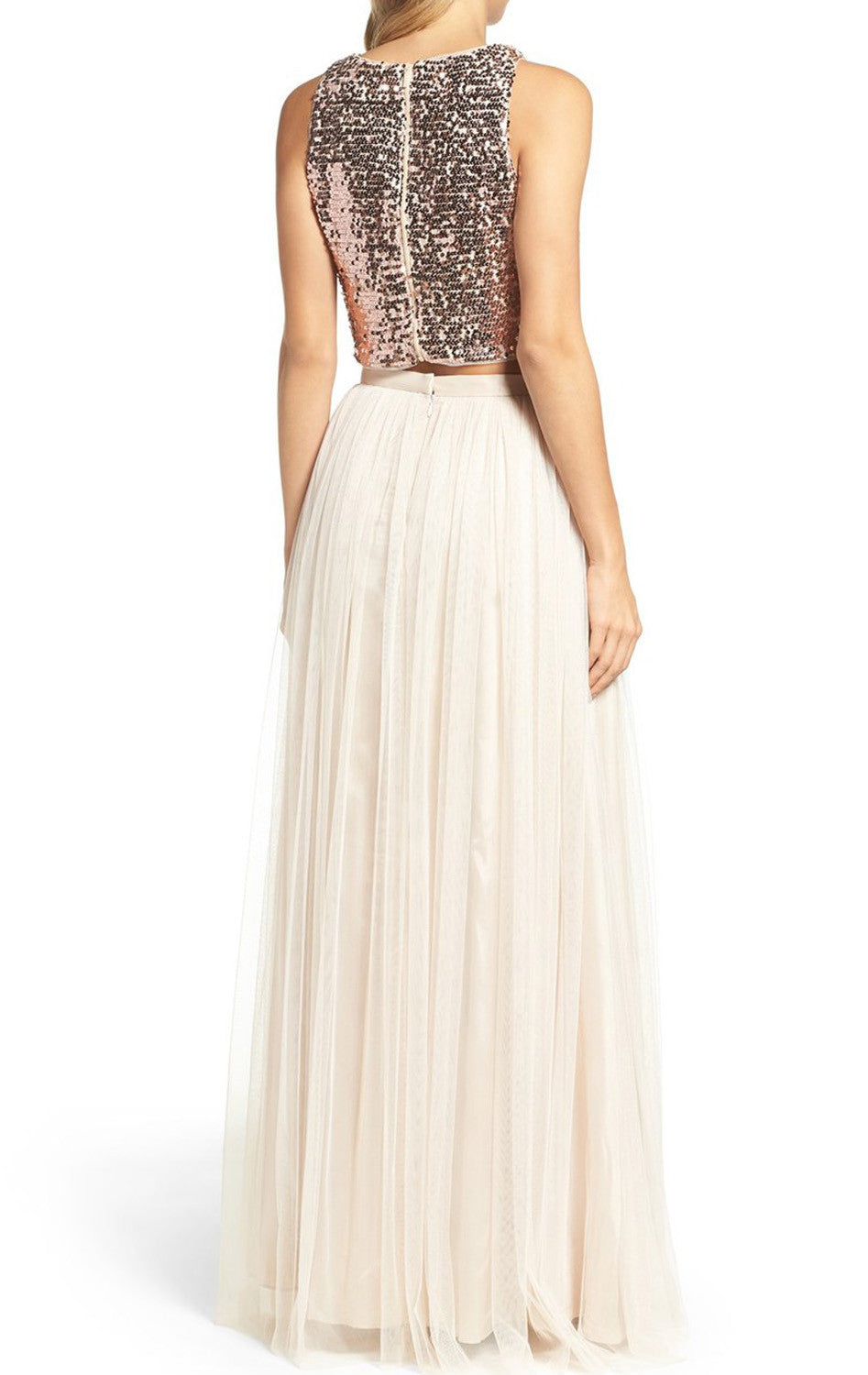 Vestido de dama de honor de dos piezas con lentejuelas de MACloth, vestido formal de fiesta de oro rosa