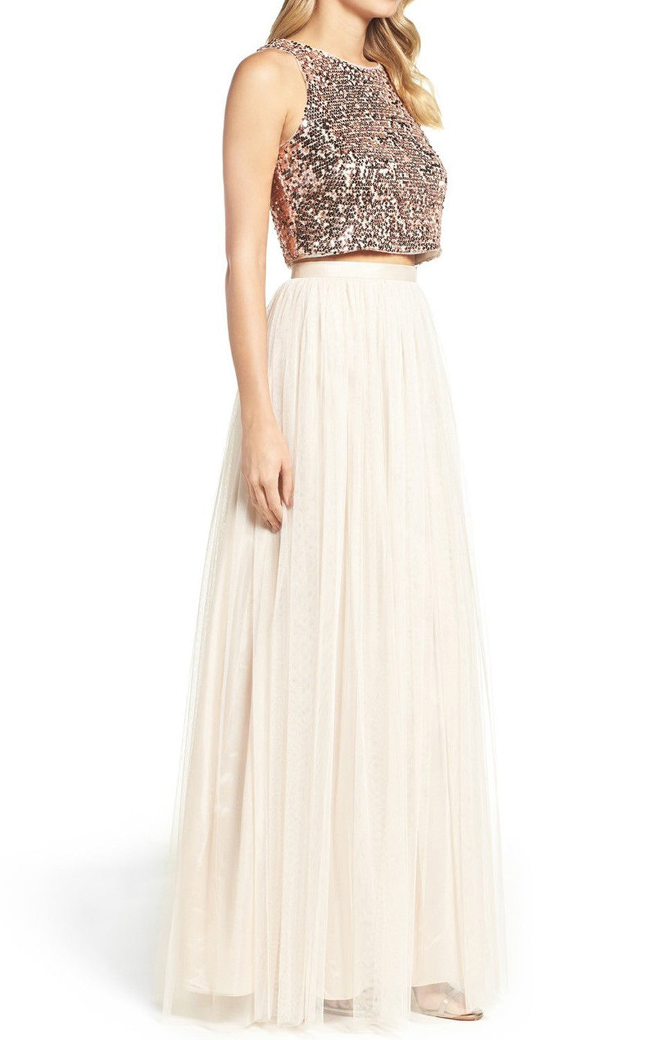 MACloth Two Piece Sequin Bridesmaid Dress Rose Gold Prom Formal Gown Custom Color / Above Knee / US6 MACloth Two Piece Sequin Bridesmaid Dress Rose Gold Prom Formal Gown Custom Color / Above Knee / US6