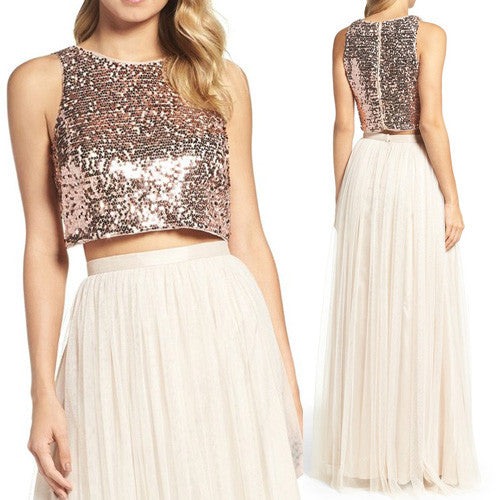 MACloth Two Piece Sequin Bridesmaid Dress Rose Gold Prom Formal Gown Custom Color / Above Knee / US6 MACloth Two Piece Sequin Bridesmaid Dress Rose Gold Prom Formal Gown Custom Color / Above Knee / US6