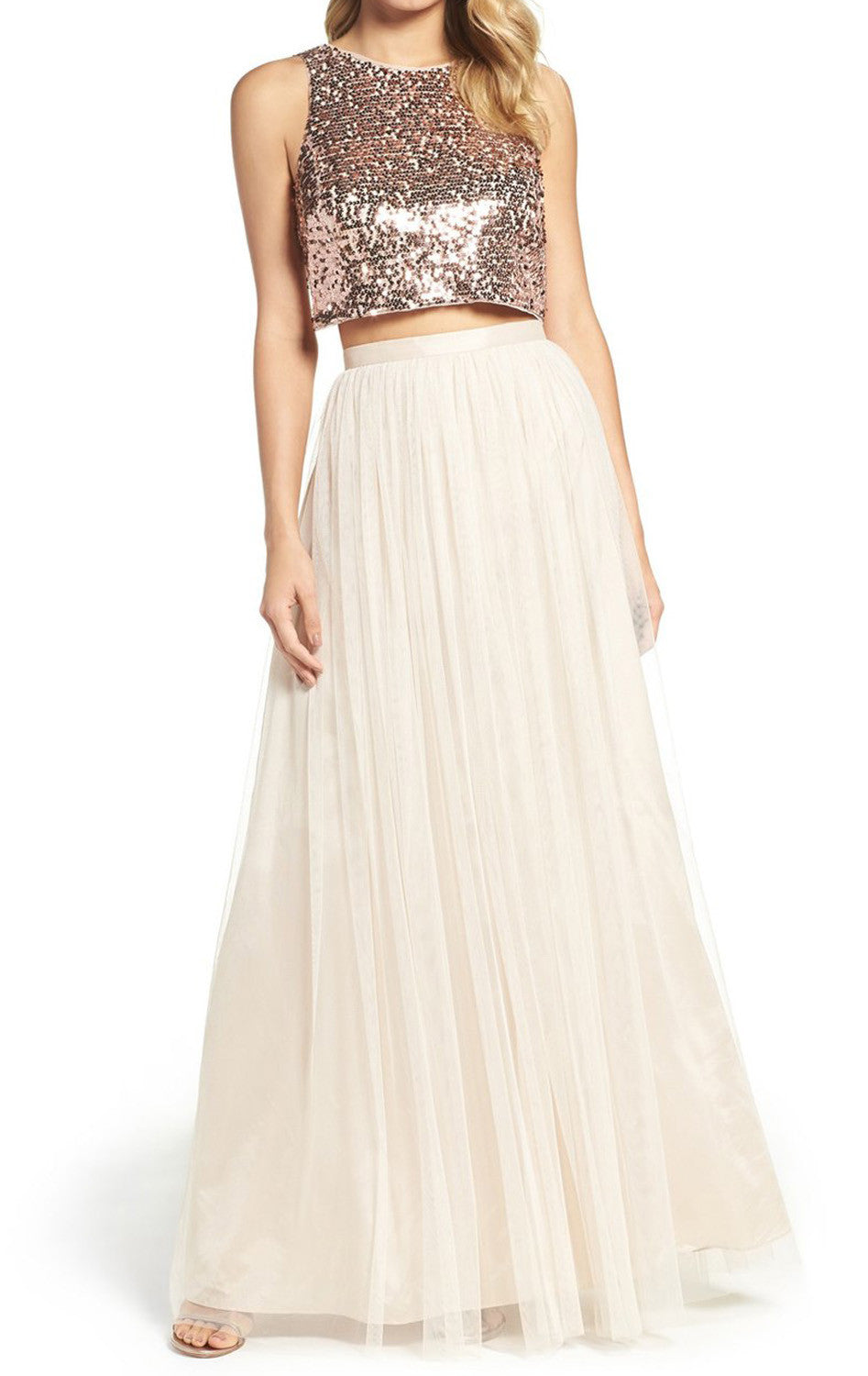 Vestido de dama de honor de dos piezas con lentejuelas de MACloth, vestido formal de fiesta de oro rosa