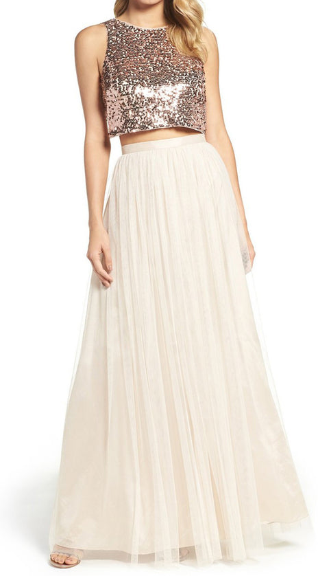 MACloth Two Piece Sequin Bridesmaid Dress Rose Gold Prom Formal Gown