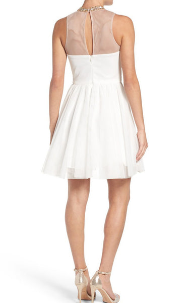 MACloth High Neck Crystal Tulle Short Prom Dress Ivory Cocktail Formal Gown