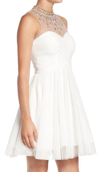 MACloth High Neck Crystal Tulle Short Prom Dress Ivory Cocktail Formal Gown