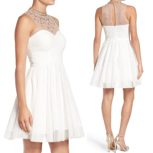 MACloth High Neck Crystal Tulle Short Prom Dress Ivory Cocktail Formal Gown