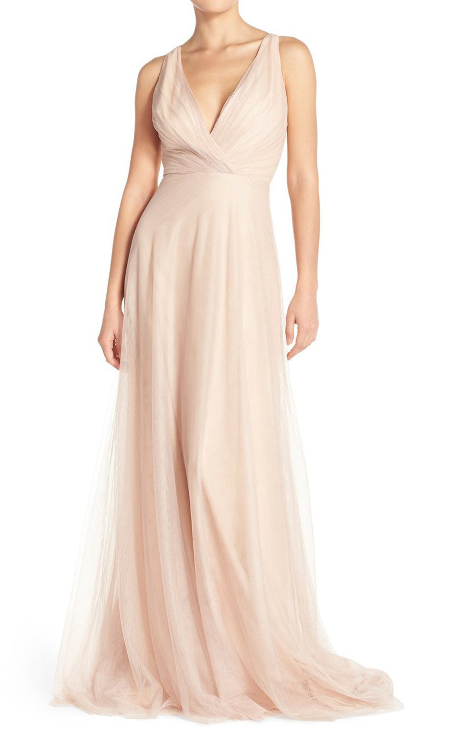 MACloth A Line V Neck Tulle Long Bridesmaid Dress Simple Prom Gown