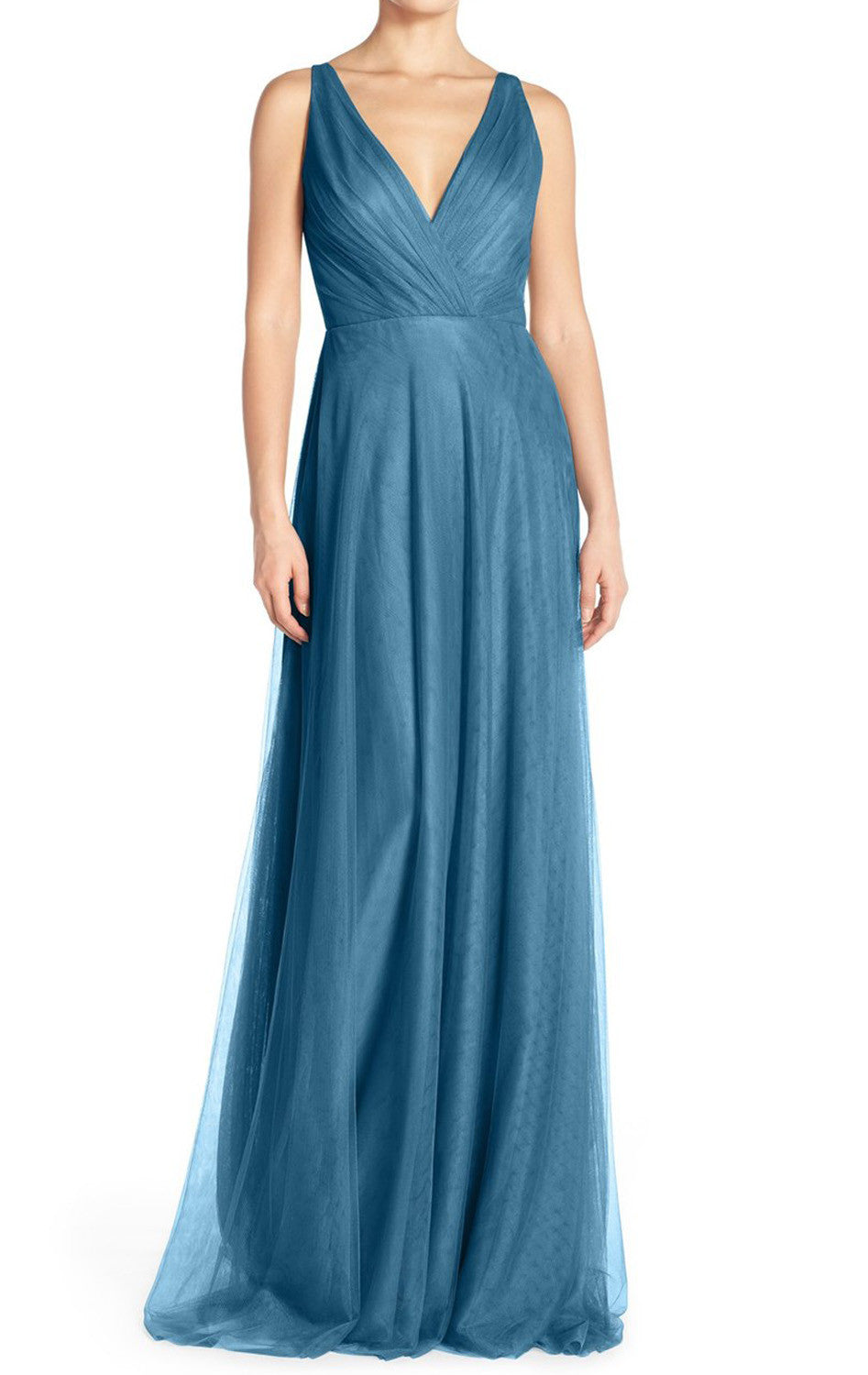 MACloth A Line V Neck Tulle Long Bridesmaid Dress Simple Prom Gown