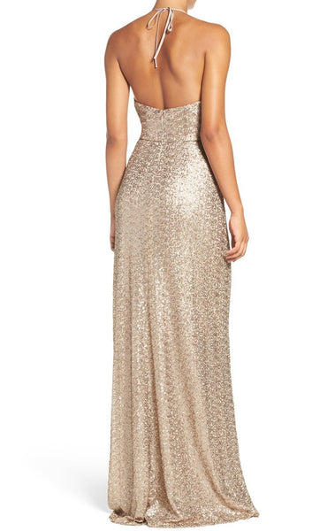 MACloth Halter V Neck Sequin Long Bridesmaid Dress Champagne Formal Gown
