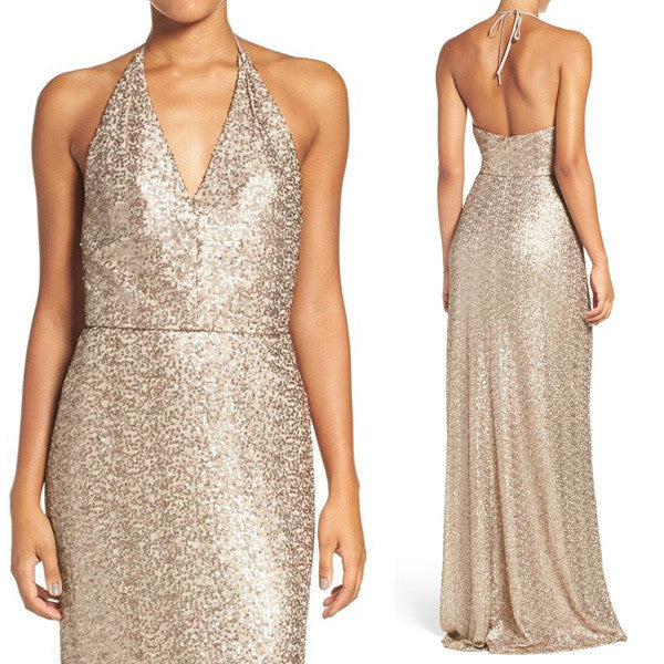 MACloth Halter V Neck Sequin Long Bridesmaid Dress Champagne Formal Gown