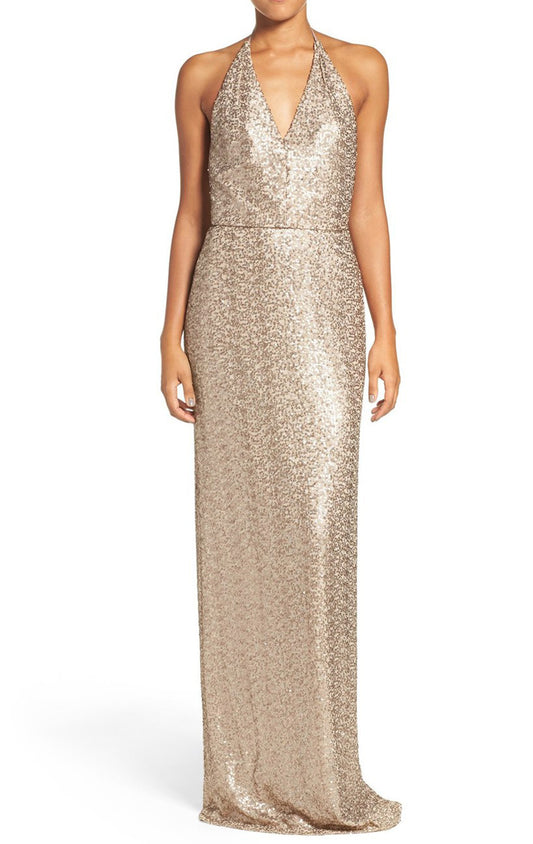 MACloth Neckholder V-Ausschnitt Pailletten Langes Brautjungfernkleid Champagner Abendkleid