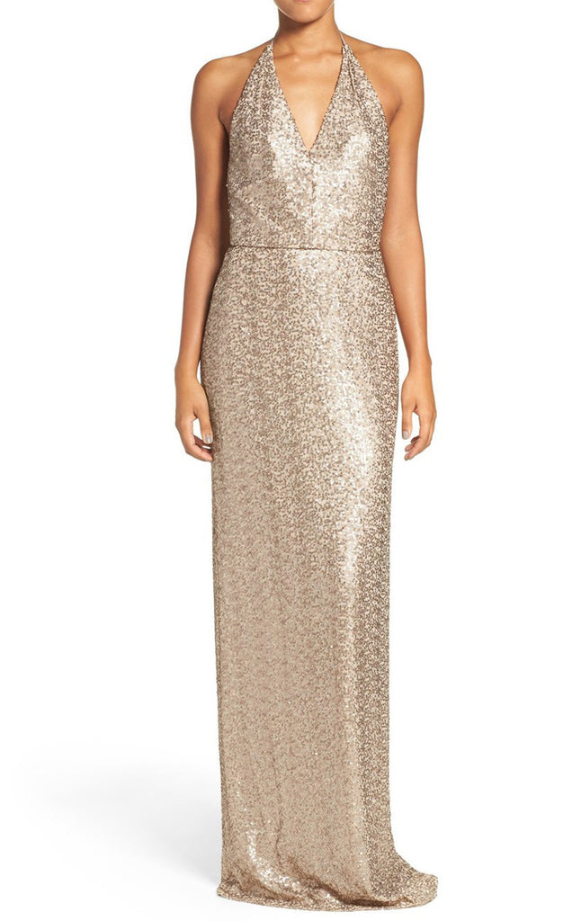 MACloth Halter V Neck Sequin Long Bridesmaid Dress Champagne Formal Gown