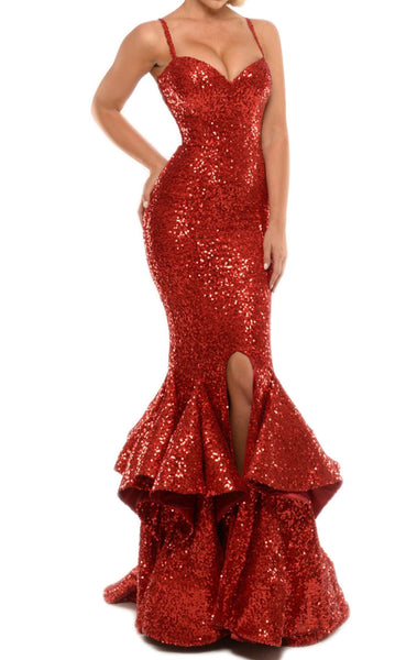 MACloth Mermaid Sexy Sequin Long Prom Dress with Tiered Sweep Train