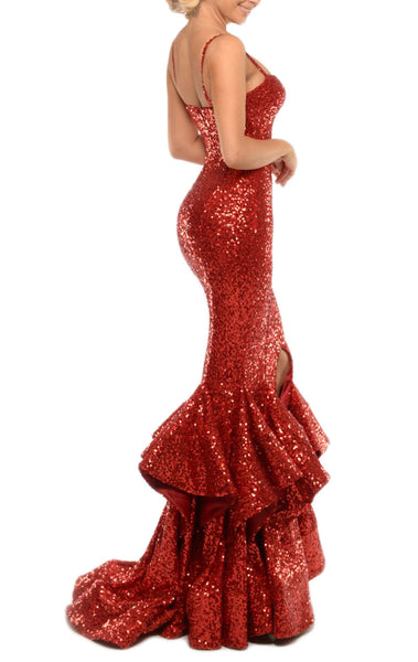 MACloth Mermaid Sexy Sequin Long Prom Dress with Tiered Sweep Train