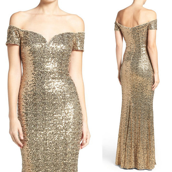 Vestido de fiesta con lentejuelas y hombros descubiertos de MACloth, vestido de noche formal dorado