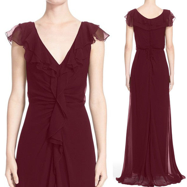MACloth Straps V Neck Simple Prom Dress Burgundy Formal Evening Gown