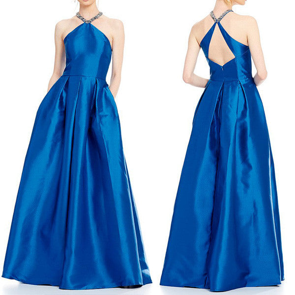 MACloth Halter Crystals Satin Long Prom Dress Royal Blue Ball Gown