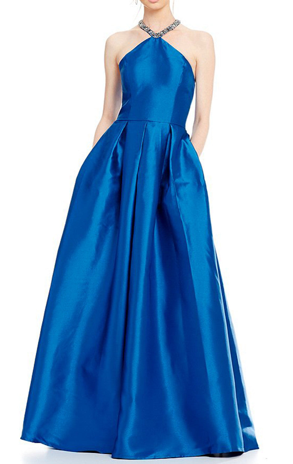 MACloth Neckholder Kristalle Satin Langes Ballkleid Königsblau Ballkleid