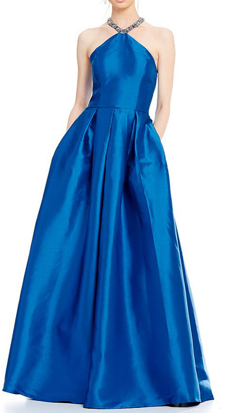 MACloth Halter Crystals Satin Long Prom Dress Royal Blue Ball Gown