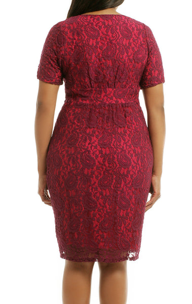 MACloth Short Sleeves Lace Midi Cocktail Dress Burgundy Plus Size Formal Gown