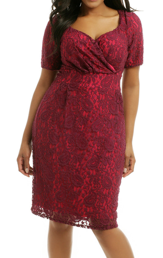 MACloth Short Sleeves Lace Midi Cocktail Dress Burgundy Plus Size Formal Gown
