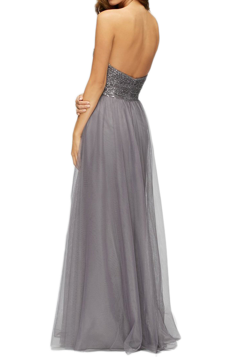 MACLoth Trägerloses Sweetheart Pailletten Tüll Langes Brautjungfernkleid Grau Abendkleid