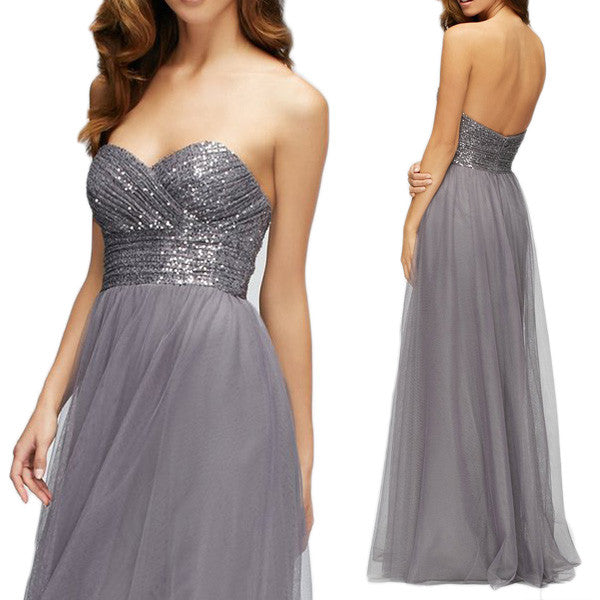 MACLoth Strapless Sweetheart Sequin Tulle Long Bridesmaid Dress Gray Formal Gown