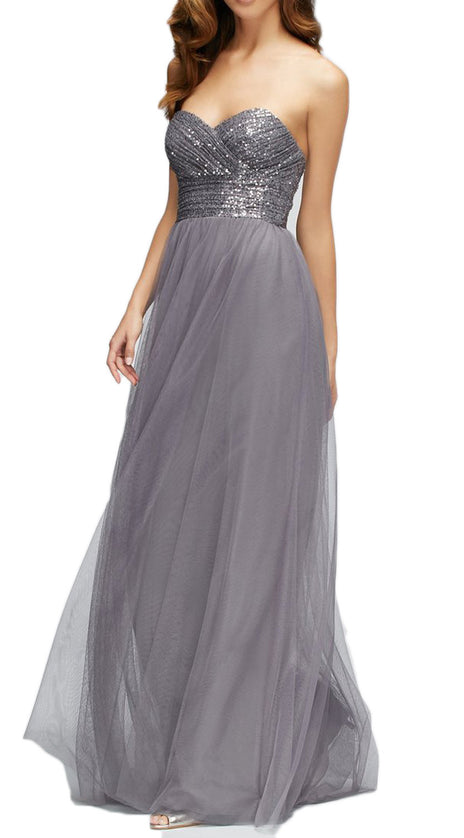 MACLoth Strapless Sweetheart Sequin Tulle Long Bridesmaid Dress Gray Formal Gown