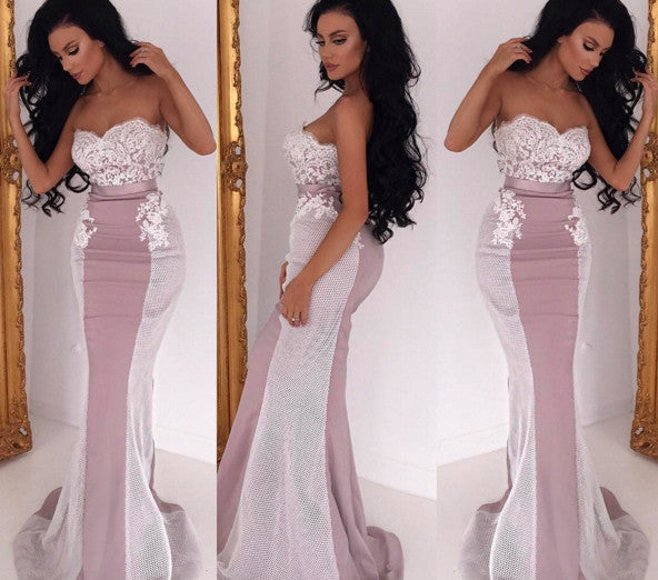 MACloth Mermaid Strapless Lace Jersey Long Prom Dress Sexy Formal Gown