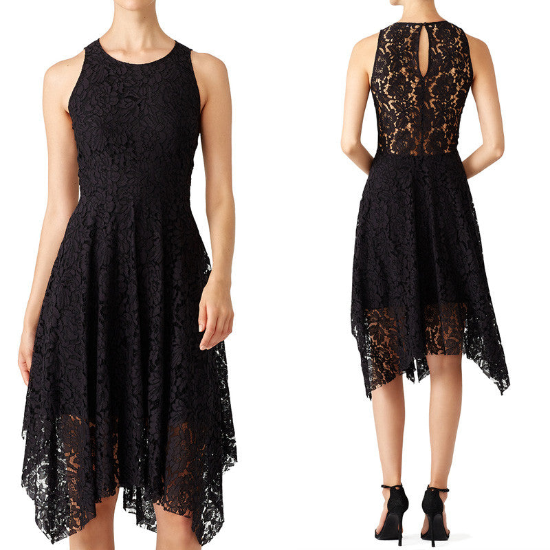 MACloth Straps O Neck Hi-Lo Lace Cocktail Formal Gown Little Black Dress