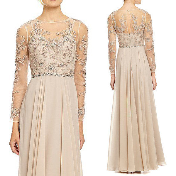 MACloth Long Sleeves Lace Chiffon Evening Gown Champagne Mother of the Brides Dress