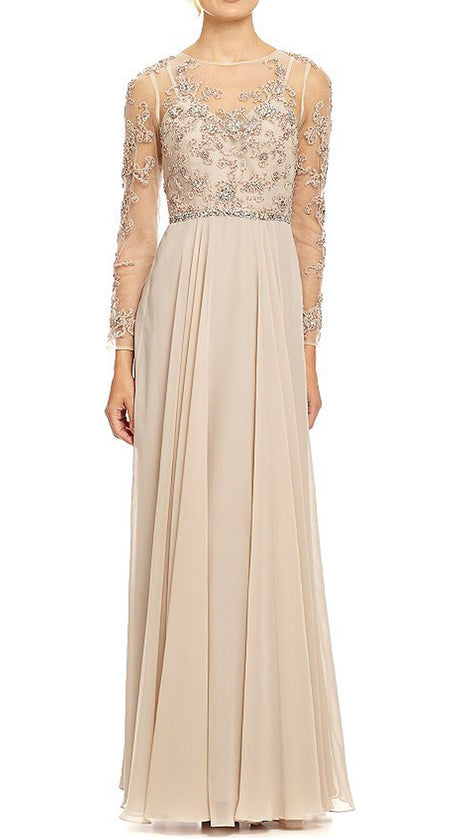 MACloth Long Sleeves Lace Chiffon Evening Gown Champagne Mother of the Brides Dress