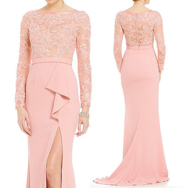 Vestido de noche de manga larga con corte sirena de MACloth en color rosa ruborizado para madre de la novia