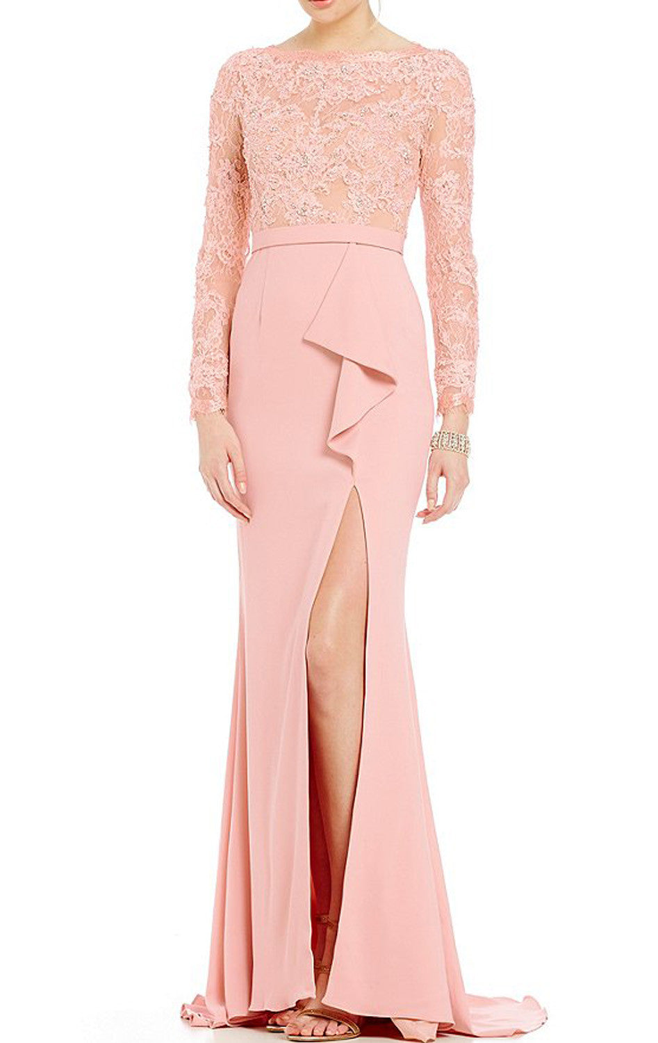 Vestido de noche de manga larga con corte sirena de MACloth en color rosa ruborizado para madre de la novia