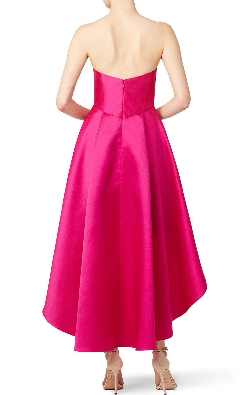 MACloth Trägerloses Satin Hi-lo Ballkleid Fuchsia Cocktailkleid