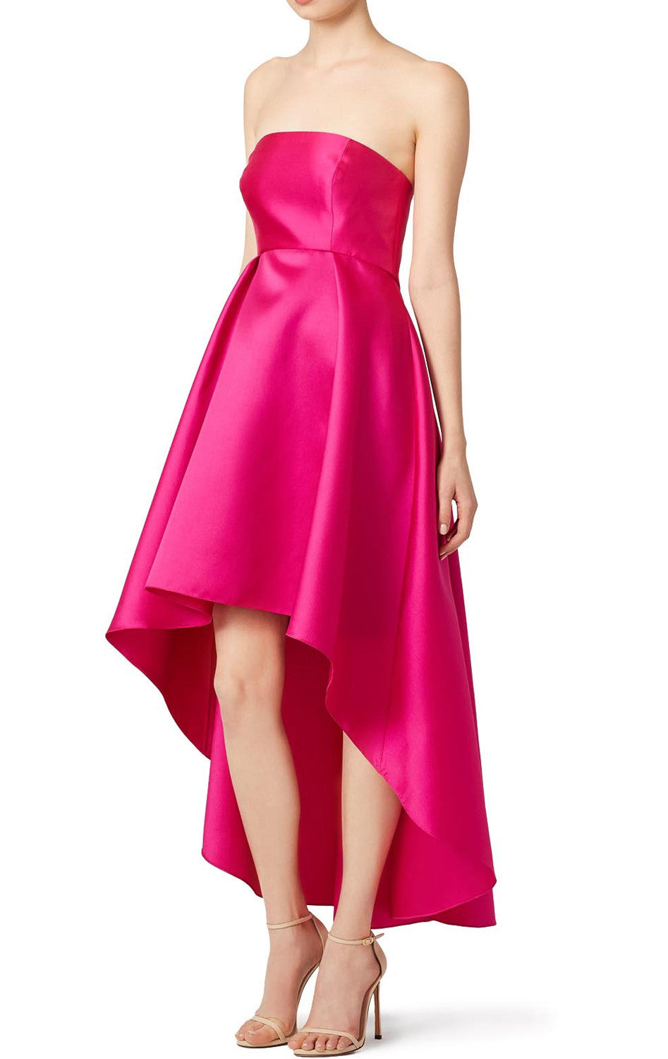 MACloth Trägerloses Satin Hi-lo Ballkleid Fuchsia Cocktailkleid