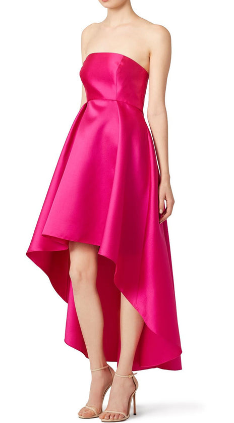 MACloth Strapless Satin Hi-lo Prom Gown Fuchsia Cocktail Dress